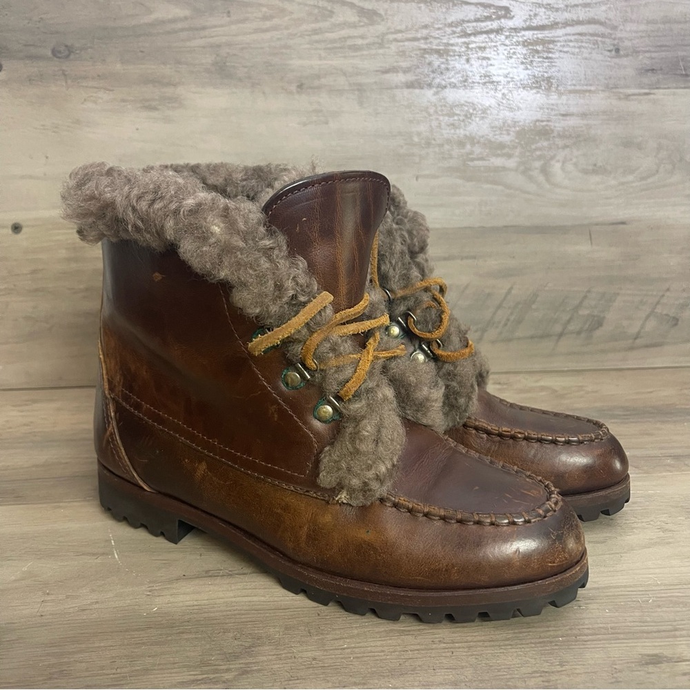 Cole Haan Womens 7.5 Brown Leather Shearling Lined Lace Up Ankle Boots F6422
